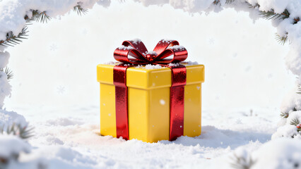 A vibrant yellow gift box with shiny red ribbon and bow sits in fluffy snow, framed by frosty pine branches under falling snowflakes