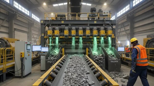 Medium shot of conveyorbased radiometric ore sorting system efficiently separating highquality ore from impurities in an industrial mining environment.
