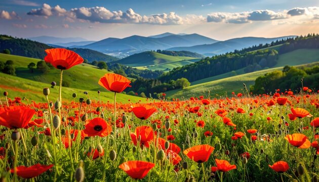 Vibrant Field Of Red Poppies With Rolling Green Hills And Distant Blue Mountains Under A Sunlit Sky - Powered by Adobe
