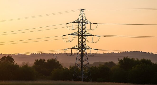 High Voltage Transmission Tower Rural Sunset Energy Landscape