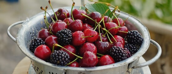 A vibrant mix of fresh cherries and blackberries in a colander, glistening with water droplets.