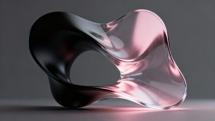 A glossy, abstract 3D sculpture blends black and translucent pink in fluid, organic curves, reflective surfaces create a futuristic, elegant form
