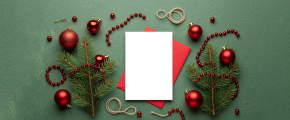 Overhead view of a blank card and envelope on festive Christmas fir branches and berries and Ribbon and ornaments On white background, With Copy space  