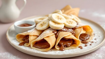 Delicious homemade crepes filled with chocolate spread, topped with fresh banana slices and powdered sugar.