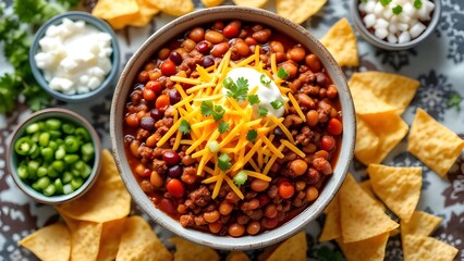 A hearty bowl of beef and bean chili topped with cheese, sour cream, and scallions, served with tortilla chips.
