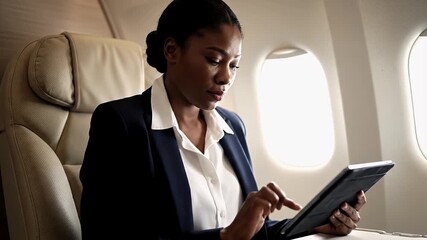 Confident businesswoman working on tablet during flight in luxurious private jet cabin, seamless travel experience - Powered by Adobe