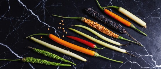 A vibrant assortment of colorful peppers and spices on a dark marble surface.