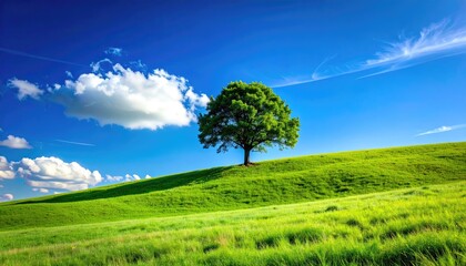 Vibrant Green Meadow With A Solitary Lush Tree Under A Bright Blue Sky With Wispy Clouds And Sunlight