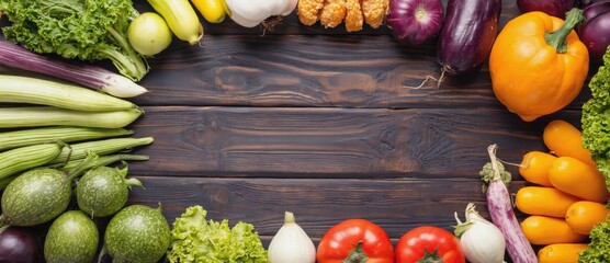 Fresh vegetables arranged on a wooden table, showcasing vibrant colors.