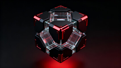 A futuristic hexagonal device with transparent panels, black matte sections, and glowing red metallic accents, radiating sci-fi energy from its core