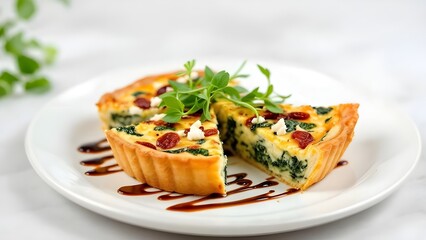 A delicious spinach and feta quiche with a slice cut out, served on a white plate with balsamic glaze.