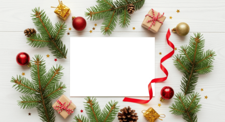 Overhead view of a blank card and envelope on festive Christmas fir branches and berries and Ribbon and ornaments On white background, With Copy space