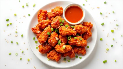 A white plate of crispy boneless chicken bites garnished with green onions and sesame seeds with a side of spicy dipping sauce.