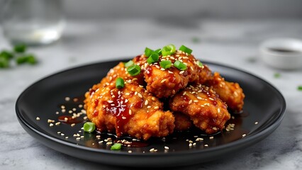 Fototapeta premium Crispy Korean fried chicken wings coated in a sweet and spicy glaze, garnished with sesame seeds and chopped scallions on a black plate.