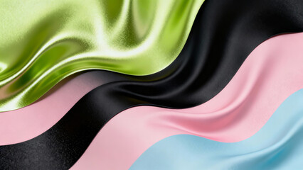 Abstract waves of shimmering silk in lime green, black, pink, and light blue flow luxuriously, blending glossy textures and vibrant gradients in an elegant, modern design