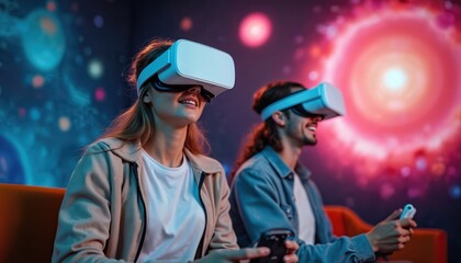 Young people play VR game together. Friends wear headset goggles, hold controllers, enjoy digital entertainment in futuristic room. Virtual reality experience.