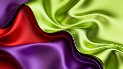 Vibrant silk fabric waves in rich red, purple, and lime green hues, blending smoothly with glossy folds and elegant curves