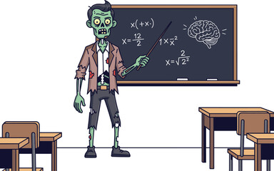 Zombie teacher cartoon character in classroom, horror education theme, scary undead illustration, Halloween monster vector, chalkboard math, tattered suit, isolated design