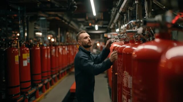 Medium shot of a technician examining a fire extinguishers condition during a routine fire safety inspection in an office building.