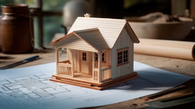 Detailed wooden model house on a blueprint background showcasing architectural design and craftsmanship in a warm, inviting workspace setting