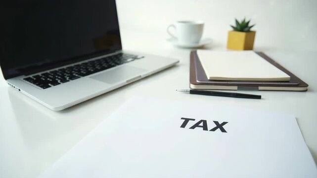 A minimalist workspace featuring a laptop and notebooks on a sleek desk, emphasizing tax preparation, with ample space for branding and compelling visuals.