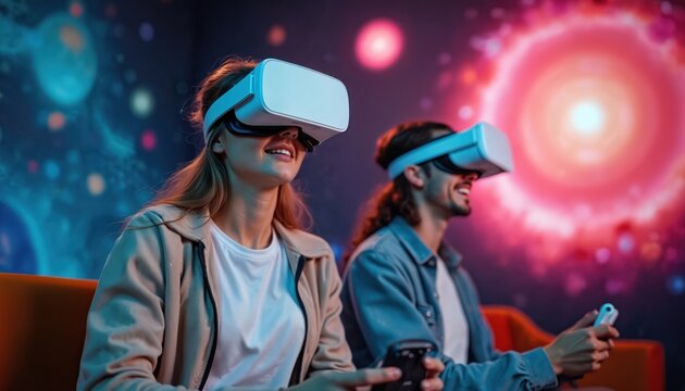 Young people play VR game together. Friends wear headset goggles, hold controllers, enjoy digital entertainment in futuristic room. Virtual reality experience.