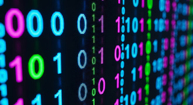 Binary code matrix displaying colorful digital data stream