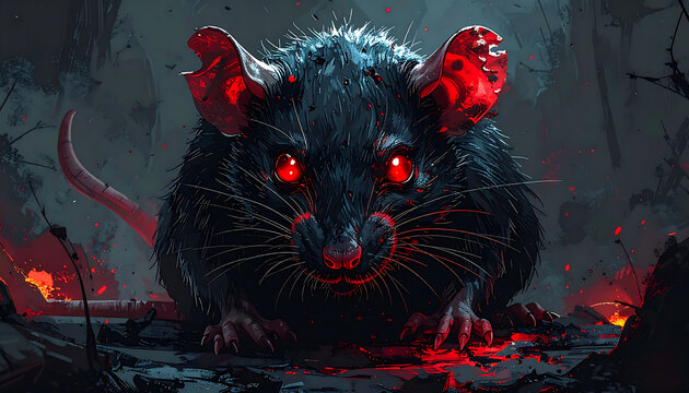 A monstrous black rat with glowing red eyes and ears sits in a dark, smoldering, and rocky landscape.