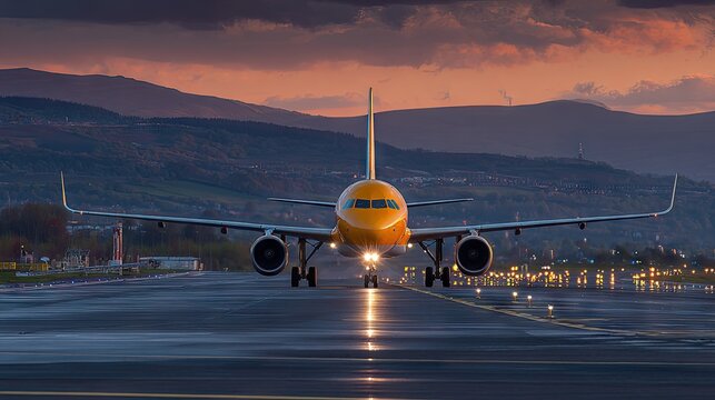 Airplane on runway at sunset illuminated by bright lights and against mountain backdrop