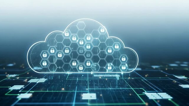 Digital cloud computing with network security padlocks. Data protection and cybersecurity concept for future technology.
