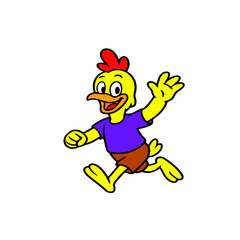 Vector illustration of a cheerful cartoon chicken waving in a playful pose. Bright and simple comic style. Great for kids graphics, sticker packs, educational farm themes, and friendly mascot characte