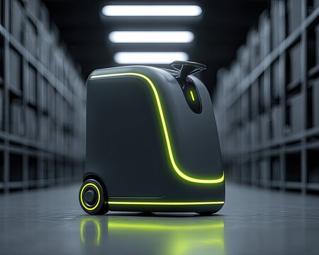 Futuristic Autonomous Delivery Robot In Warehouse - Powered by Adobe