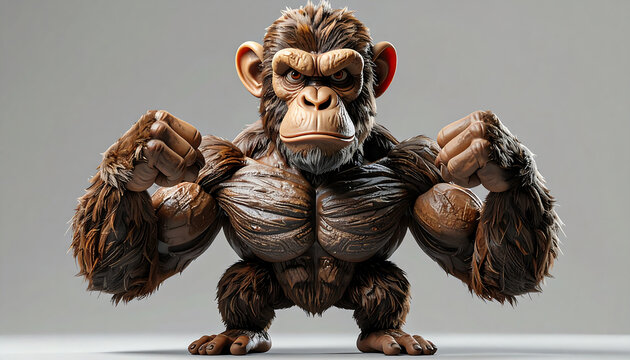 A muscular cartoon chimpanzee flexing its powerful biceps with an intense expression.