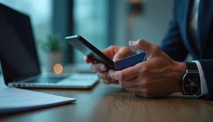 Man holds phone and credit card. Businessman in suit uses smartphone for online payment. Modern bank client holds mobile. Laptop, watch and document on table. Concept of money transaction.