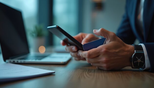 Man holds phone and credit card. Businessman in suit uses smartphone for online payment. Modern bank client holds mobile. Laptop, watch and document on table. Concept of money transaction.