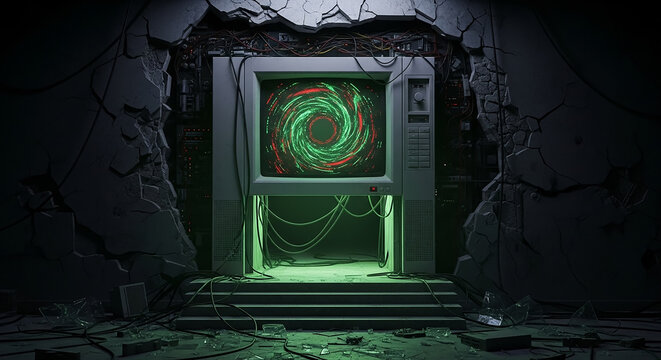 Retro computer monitor displaying green data vortex in cyberpunk future - Powered by Adobe