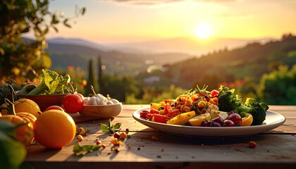 Vibrant Mediterranean Feast Served Outdoors at Golden Hour with Rolling Hills Vista in the Background