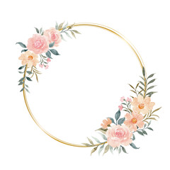 Watercolor pink floral wreath with gold circle