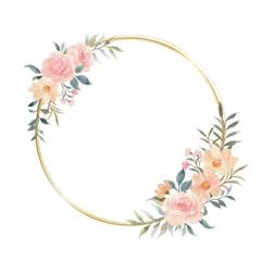 Watercolor pink floral wreath with gold circle © Asrulaqroni