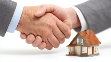 Business professionals shaking hands over a miniature house, symbolizing real estate agreement and partnership in property transactions or home buying