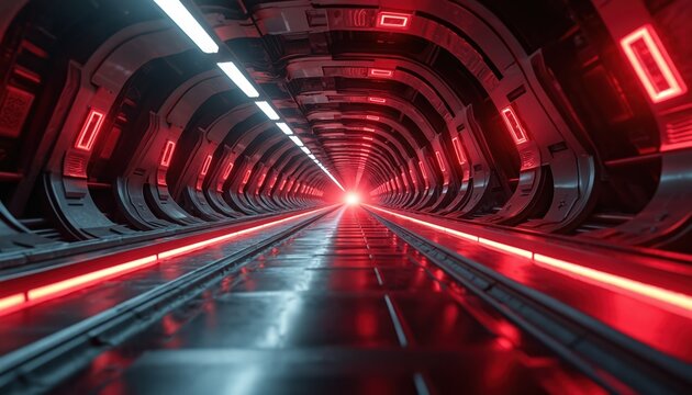 Abstract futuristic tunnel with glowing red lights, bright portal at end. Dark metallic structure suggests high-tech journey speed through digital space. White ceiling lights provide contrast.