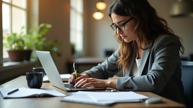 A serene workspace scene depicting a digital nomad engaged in tax-related activities, featuring a laptop, notes, and considerable copy space for lifestyle branding.