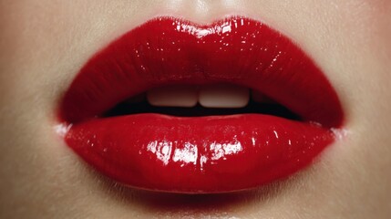 Obraz premium Close-Up of Glossy Red Lips with Subtle Teeth and Smooth Skin Texture for Beauty and Makeup Concepts