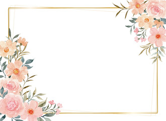 Watercolor pink rose floral with gold frame