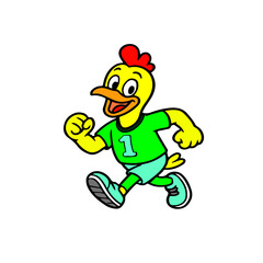 Vector illustration of a cartoon chicken running with a number shirt. Colorful and energetic comic character design. Ideal for children’s activity designs, mascot sports themes, and fun farm animal gr