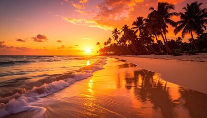 Vibrant Orange Sunset Over Tropical Beach With Palm Trees Silhouetted Against The Sky And Gentle Waves Reflecting The Colors On The Wet Sand