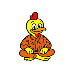 Vector illustration of a cute cartoon chicken sitting calmly in patterned clothing. Warm, friendly, colorful comic style. Perfect for sticker sets, children’s product graphics, and farm animal themed 