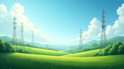 A serene landscape with telecommunication towers and lush greenery, using leading lines to draw attention to the technology, allowing for ample copy space. - Powered by Adobe