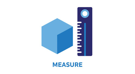 Blue geometric shapes with a ruler and the word measure silhouette