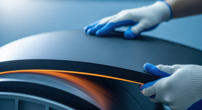 Technician wearing white gloves adjusts modern industrial rubber tire on high speed automated assembly line with orange safety lighting in manufacturing facility
